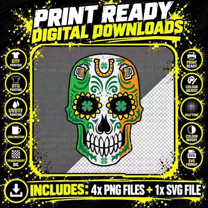 St Patricks Day Irish Sugar Skull Saint Pattys Men Women Png SVG Digital Bundle
