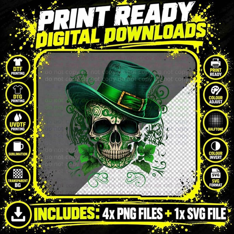 St Patricks Day Leprechaun Hat Sugar Skull T-Shirt Png SVG Digital Bundle