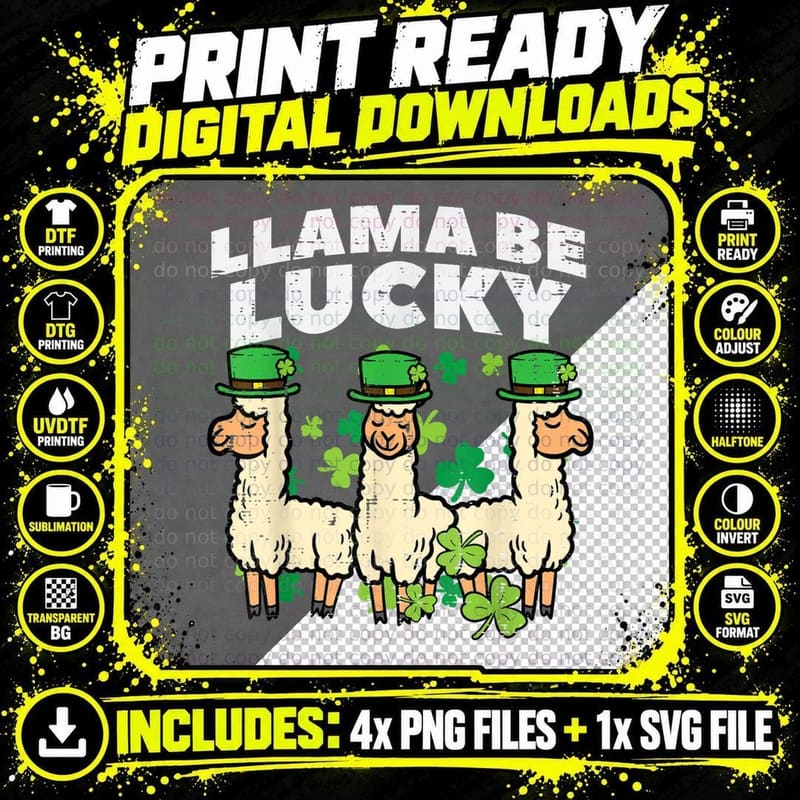 St Patricks Day Llama Be Lucky Saint Pattys Men Women Png SVG Digital Bundle