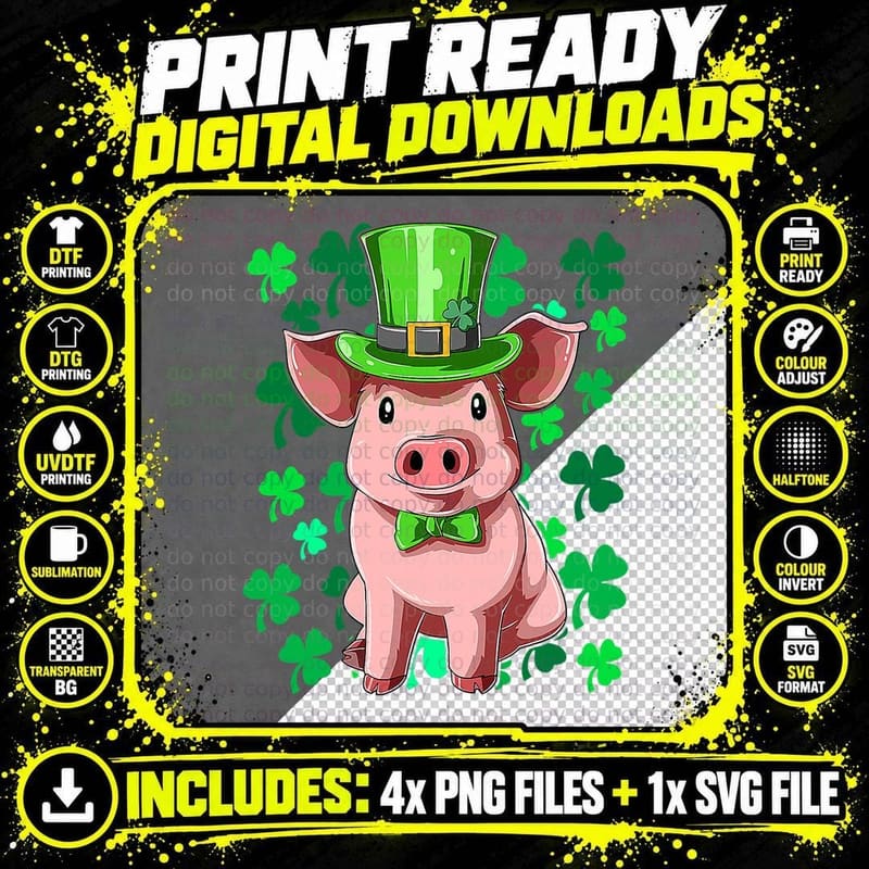 St Patricks Day Pig Leprechaun Lucky Irish Pig Farmers Png SVG Digital Bundle