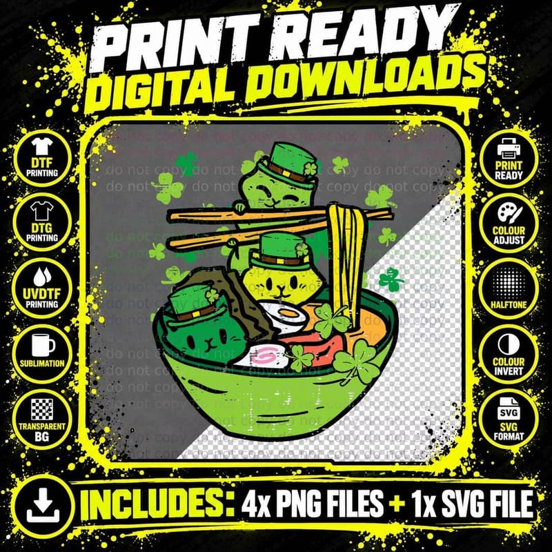 St Patricks Day Ramen Cats T-Shirt, Irish Foodie Design Png SVG Digital Bundle