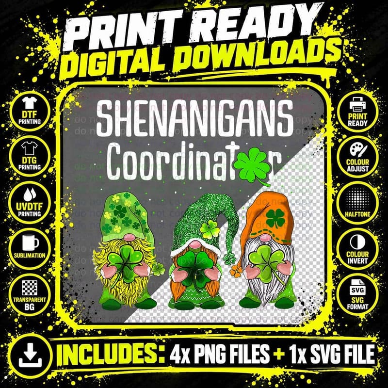 St Patricks Day Shenanigans Coordinator Gnomes Green Png SVG Digital Bundle