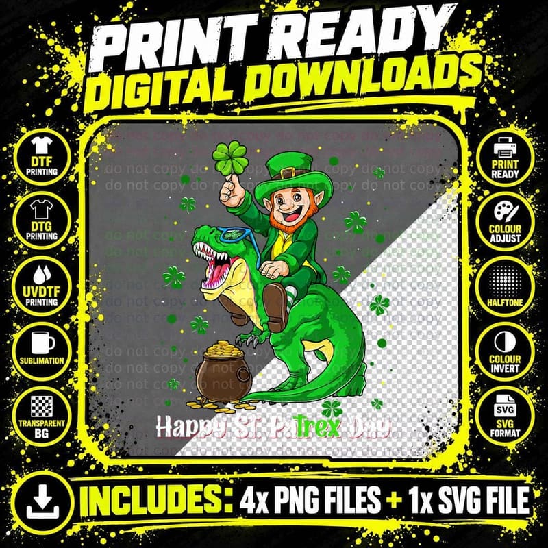 St Patricks Day Shirt Leprechaun Riding Dino T Rex Boys Png SVG Digital Bundle
