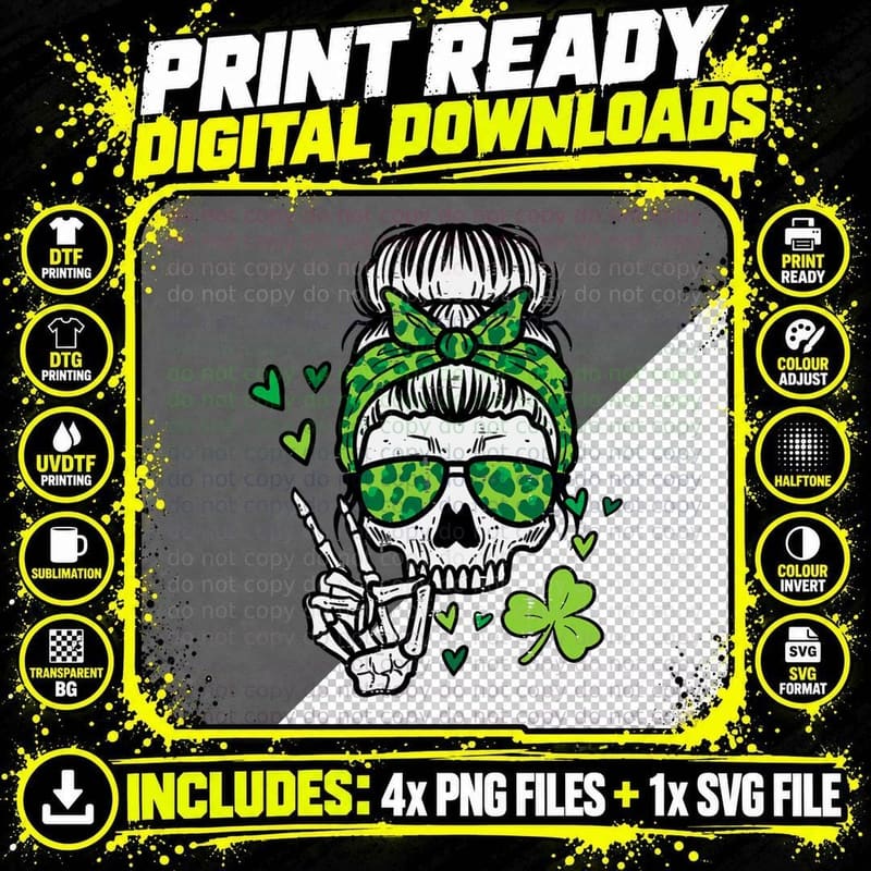 St Patricks Day Skull Messy Bun Saint Pattys Paddys Png SVG Digital Bundle