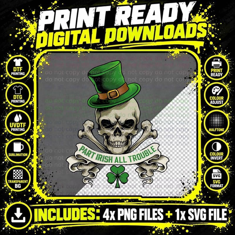 St Patricks Day Skull Part Irish All Trouble T-Shirt Png SVG Digital Bundle