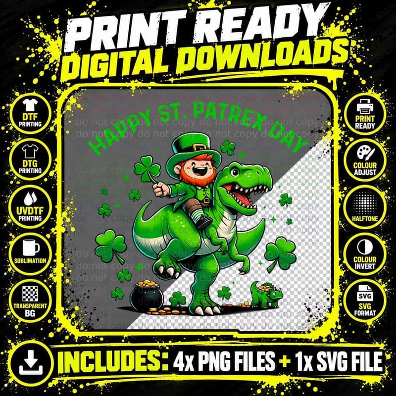 St Patricks Day Tee Leprechaun Riding Dino T Rex Boys Png SVG Digital Bundle