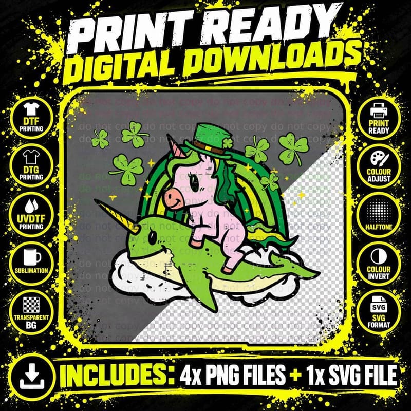 St Patricks Day Unicorn on Narwhal Irish Girls Kids Png SVG Digital Bundle