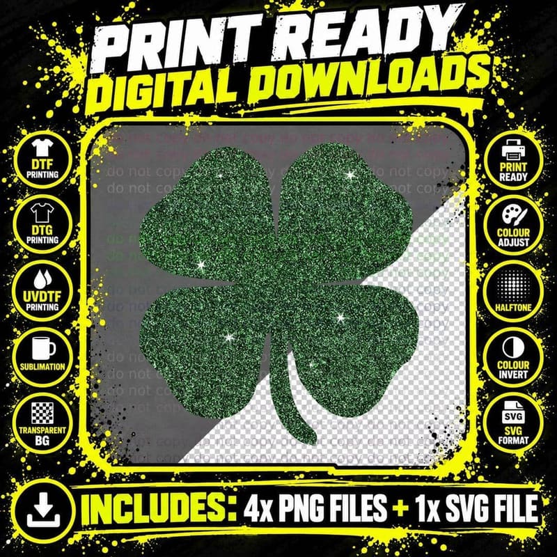 St Patricks Glitter Effect Clover Sweatshirt T-Shirt Png SVG Digital Bundle