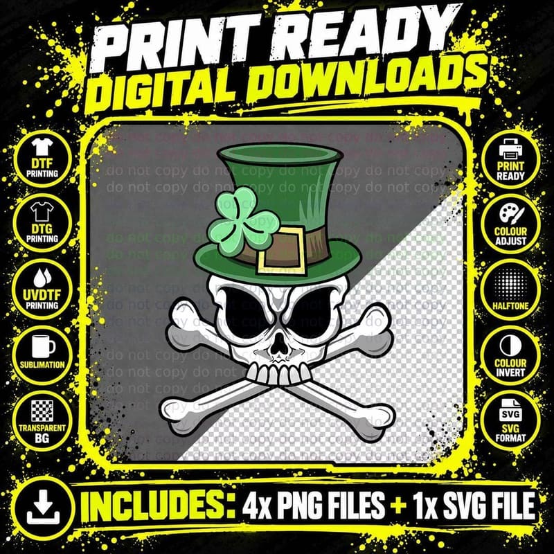 St. Patrick's Day Skull - Leprechaun Irish Skull and Png SVG Digital Bundle
