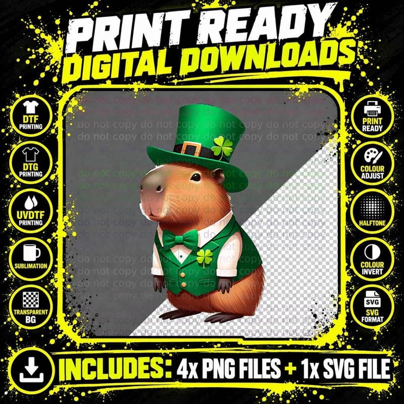St. Patricks Day Capybara Leprechaun Men Women Kids Png SVG Digital Bundle