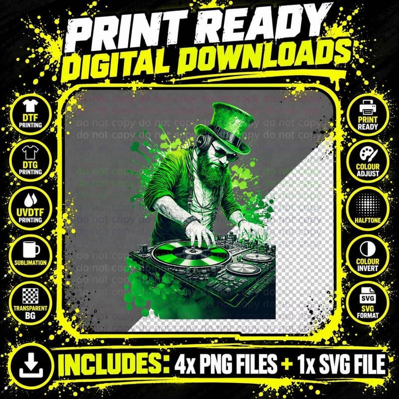 St. Patricks Day DJ Leprechaun Turntables EDM Music Png SVG Digital Bundle
