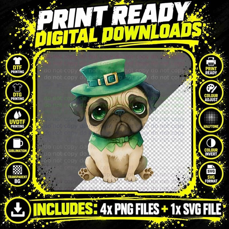 St. Patricks Day Pug with a Leprechaun Hat T-Shirt Png SVG Digital Bundle
