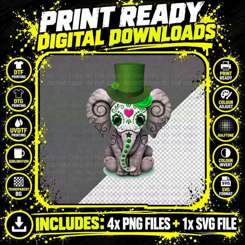 Sugar Skull Elephant Saint Patricks Day of Dead T-Shirt Png SVG Digital Bundle