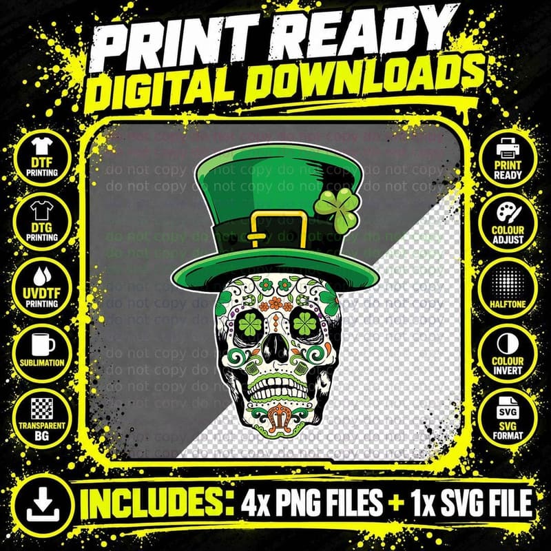 Sugar Skull Saint Patricks Day of Dead T-Shirt Png SVG Digital Bundle