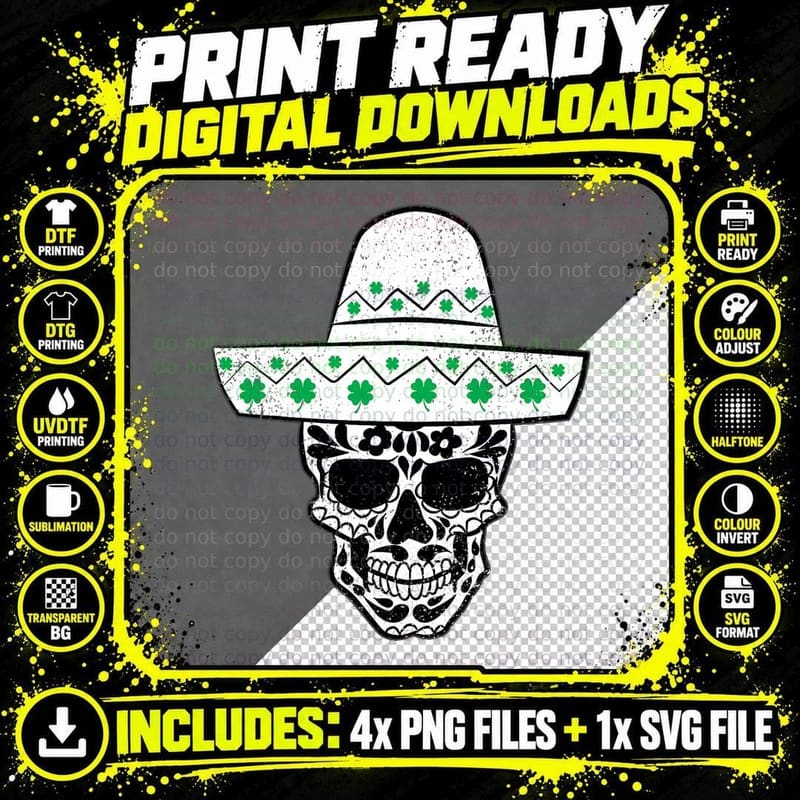 Sugar Skull Shamrock Sombrero St Patricks Day Mexican Png SVG Digital Bundle