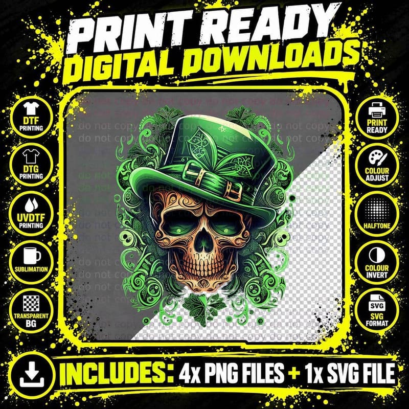 Sugar Skull St Patricks Day Irish Skull Leprechaun Men Png SVG Digital Bundle