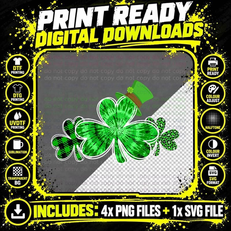 Three Irish Tie Dye Leopard Plaid Shamrocks St Patricks Png SVG Digital Bundle