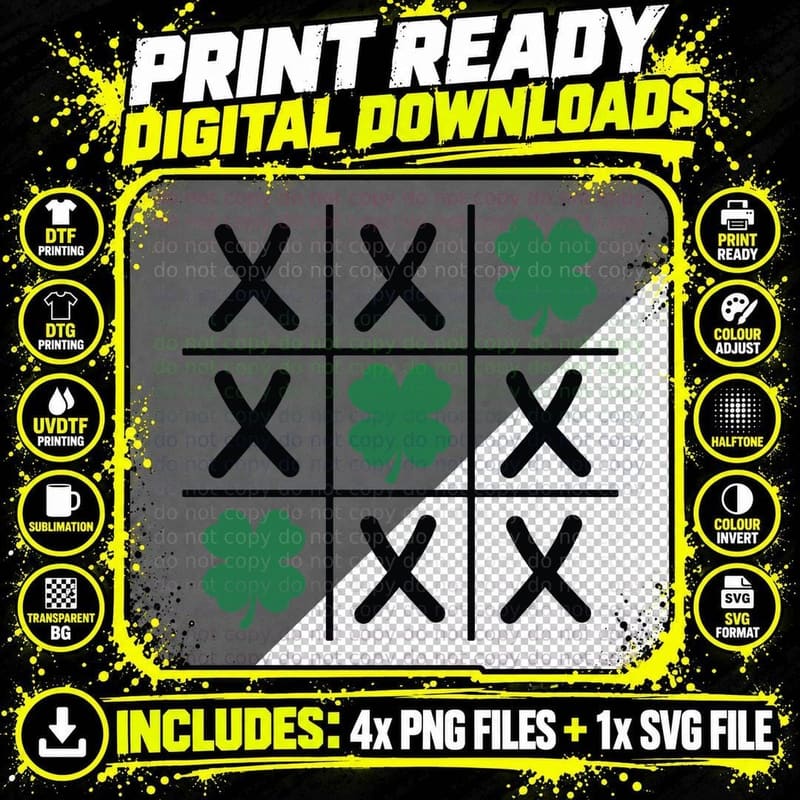 Tic-Tac-Toe Game with Clovers St Patricks Day T-Shirt Png SVG Digital Bundle