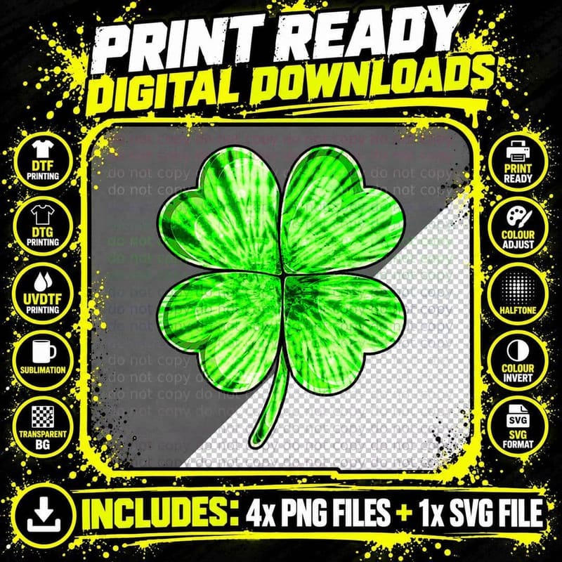 Tie Dye Shamrock Lucky Four-Leaf Clover St. Patrick's Png SVG Digital Bundle
