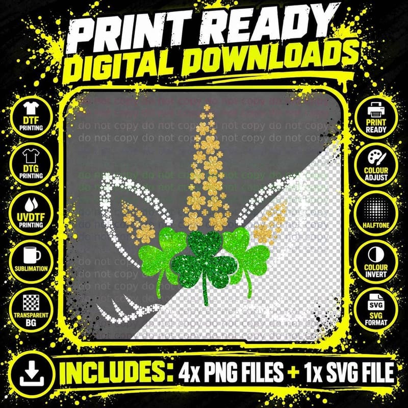 Unicorn Face Girls Kids St Patricks Day Irish Shamrock Png SVG Digital Bundle