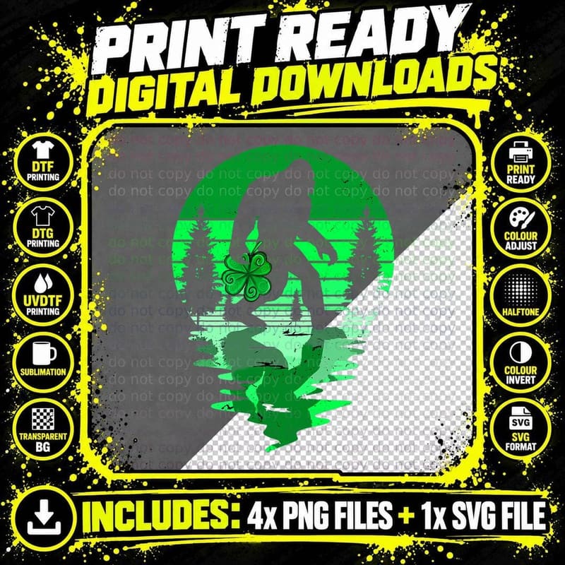 Vinatage Bigfoot Sasquatch St Patricks Day Shamrock Png SVG Digital Bundle