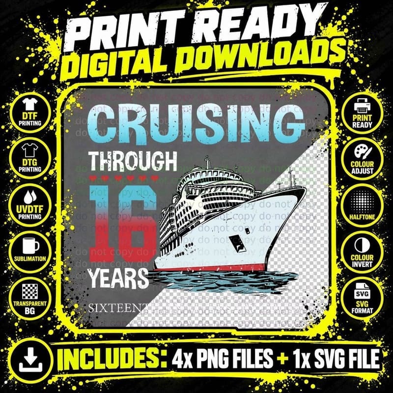 16th Anniversary Cruise T-Shirt, Nautical Theme Png SVG Digital Bundle