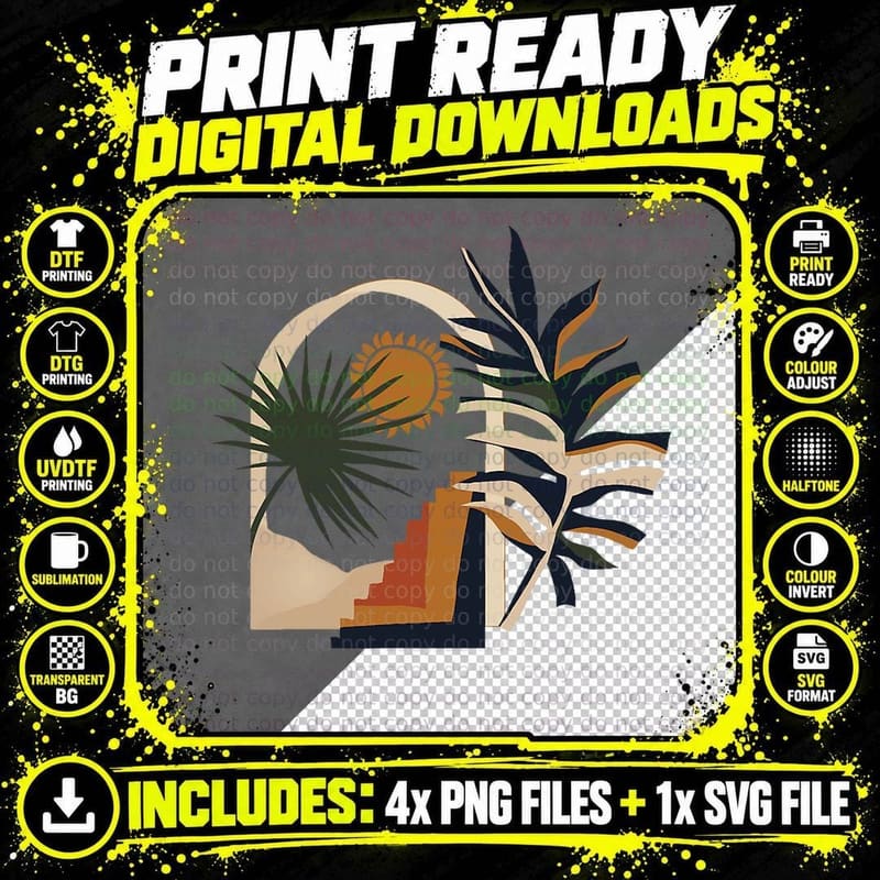 Abstract Orange Sun Graphic Beach Palm Tree Tropical Png SVG Digital Bundle