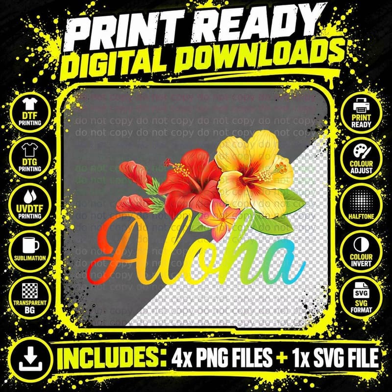 Aloha Flowers Hawaiian T-Shirt, Tropical Beach Theme Png SVG Digital Bundle