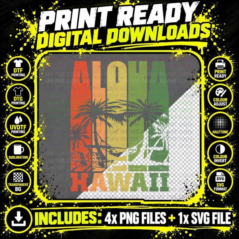 Aloha Hawaii T-Shirt, Tropical Palm Tree Print Png SVG Digital Bundle