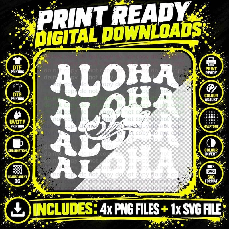 Aloha Summer T-Shirt, Large Black Hawaiian Aloha Text Png SVG Digital Bundle