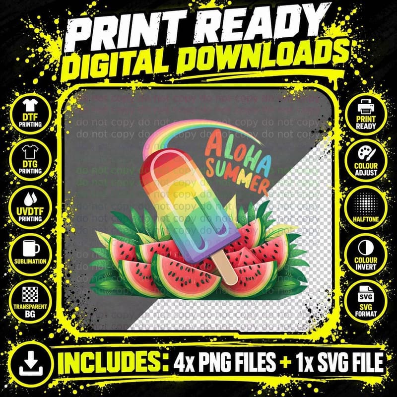 Aloha Summer T-Shirt, Rainbow Watermelon Sunny Tee Png SVG Digital Bundle
