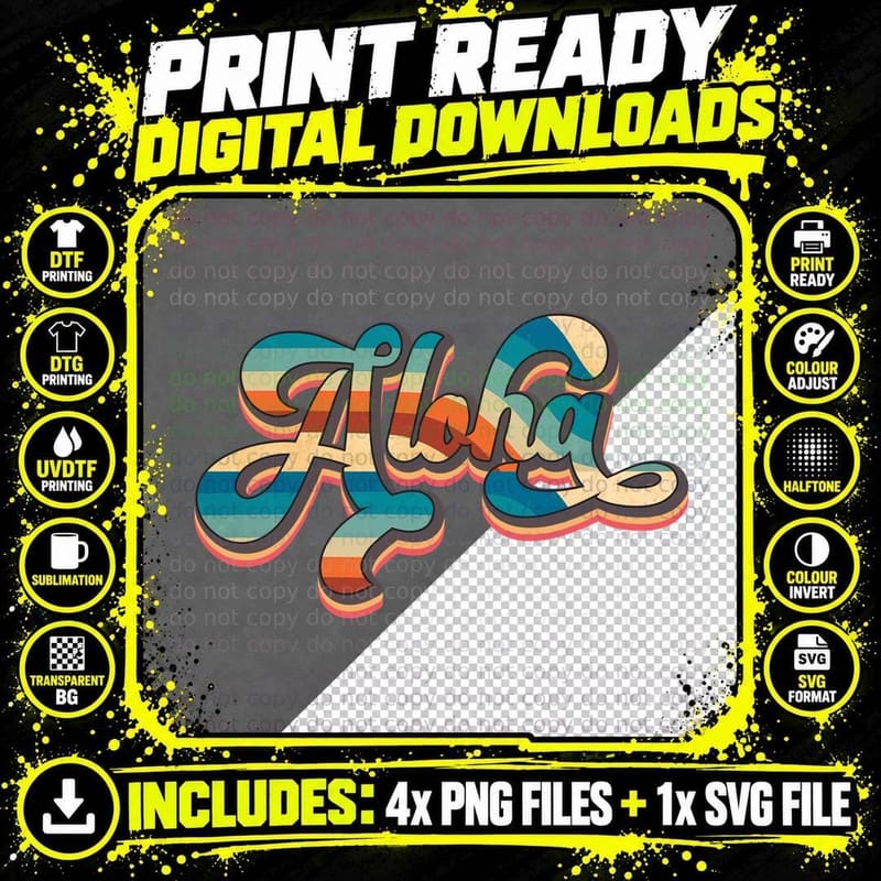 Aloha Summer T-Shirt, Striped Text Ocean Waves Sunny Tee Png SVG Digital Bundle