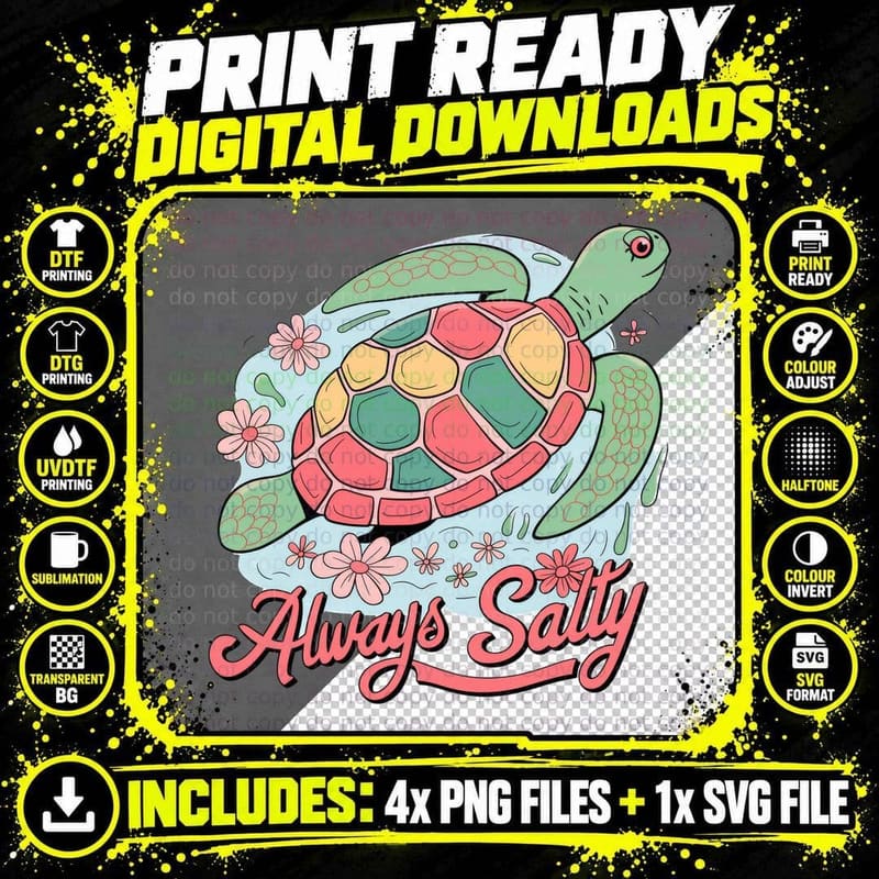 Always Salty Summer T-Shirt, Sea Turtle Shell Flowers Png SVG Digital Bundle