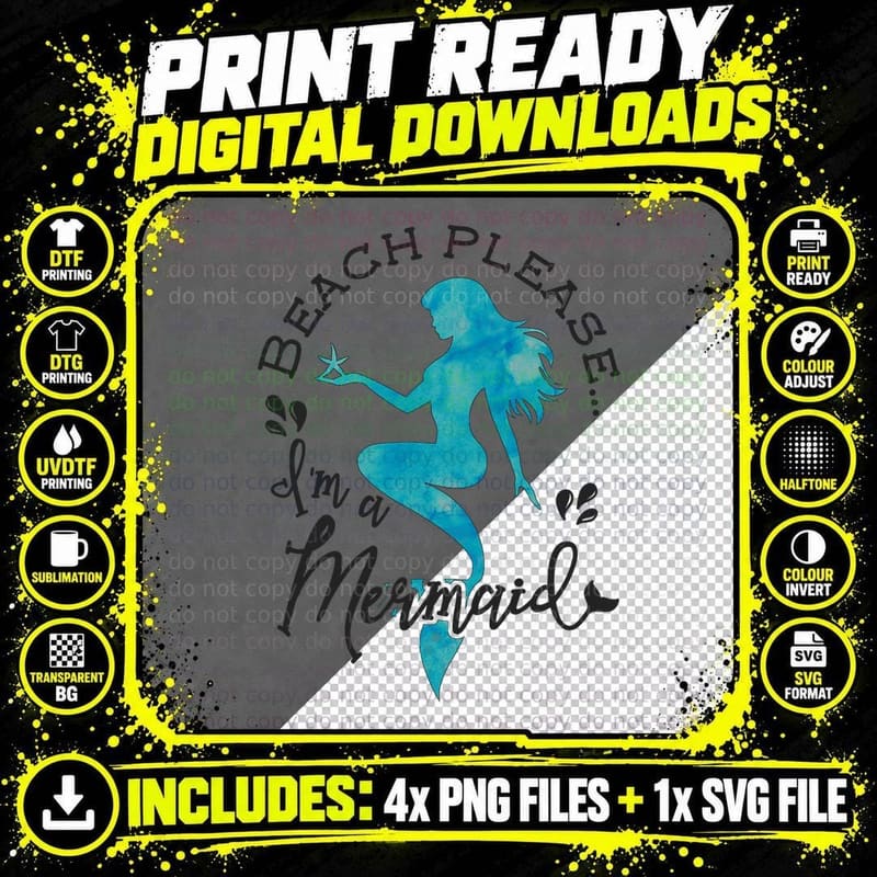 Aqua Blue Watercolor Beach Please I'm a Mermaid T-Shirt Png SVG Digital Bundle