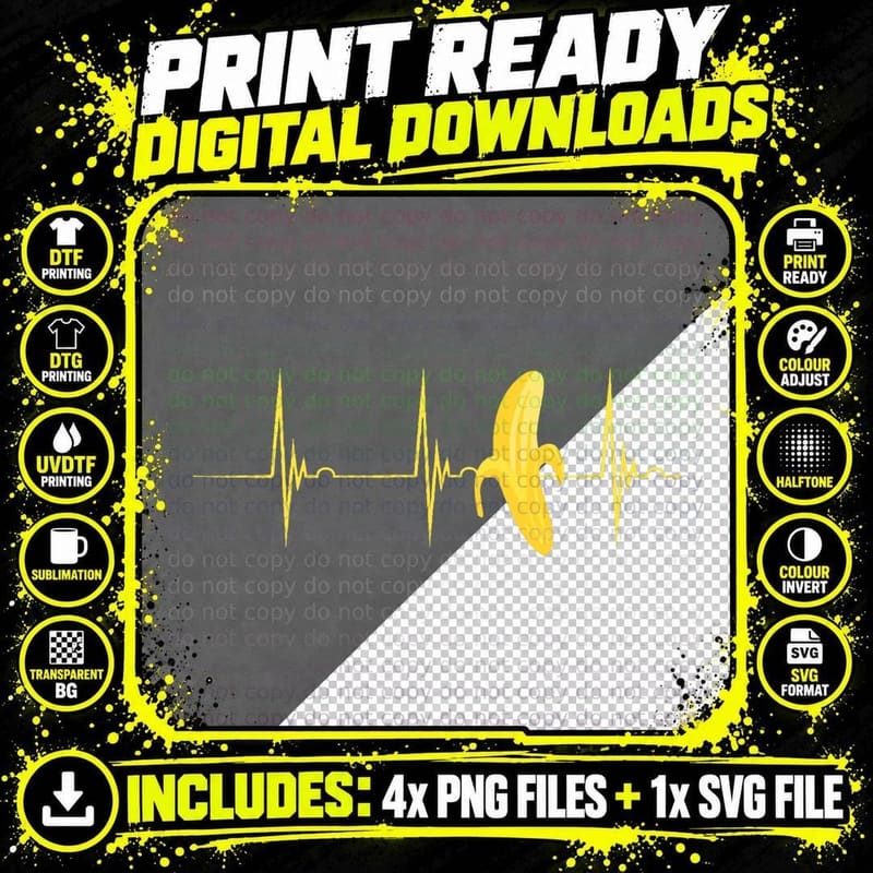 Banana Lover Heartbeat EKG Pulse Fruitarian Summer Fruit Png SVG Digital Bundle
