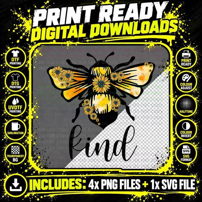 Be Kind Summer Tops Bee and Sunflowers Positive Shirt Png SVG Digital Bundle