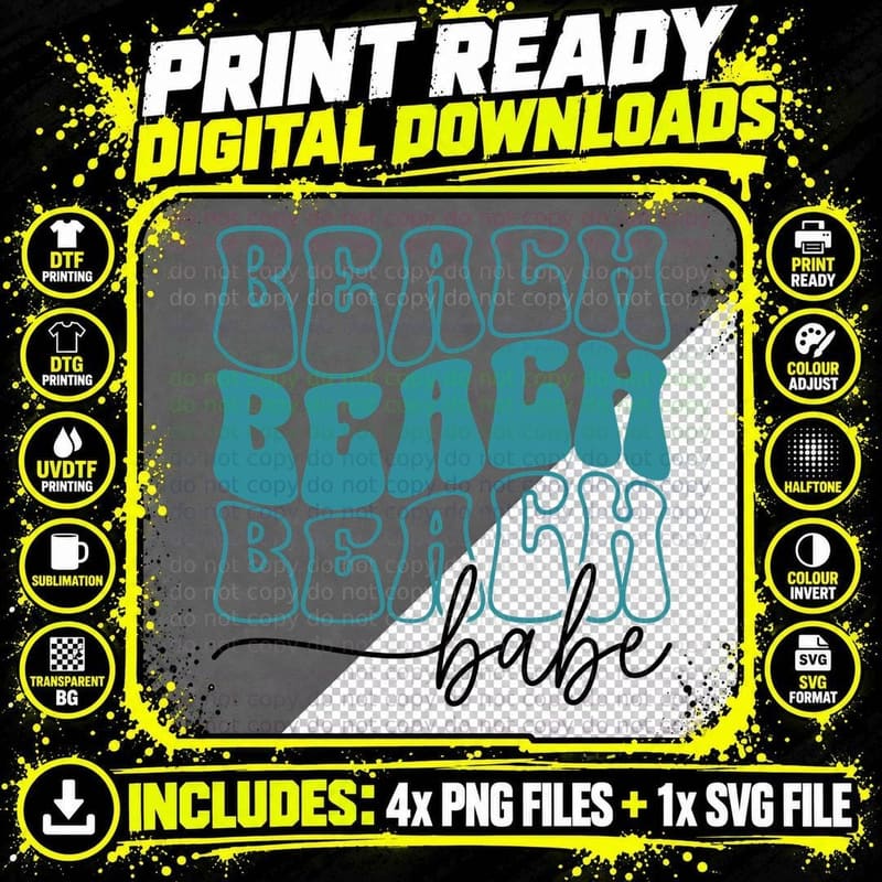 Beach Babe Summer T-Shirt, Bubble Text Beach Babe Sunny Png SVG Digital Bundle