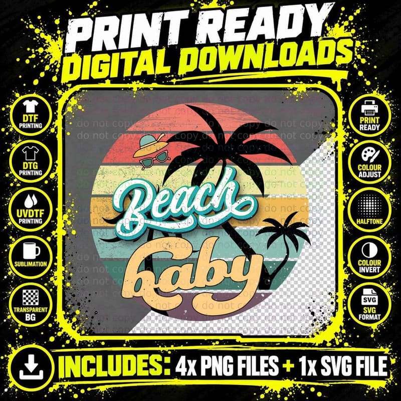 Beach Baby Summer T-Shirt, Rainbow Circle Sunset Palms Png SVG Digital Bundle