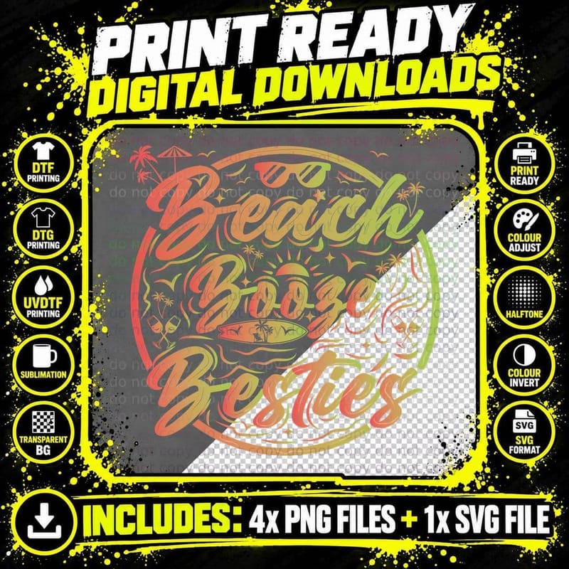 Beach Bum Summer T-Shirt, Rainbow Circle Smile Palms Png SVG Digital Bundle
