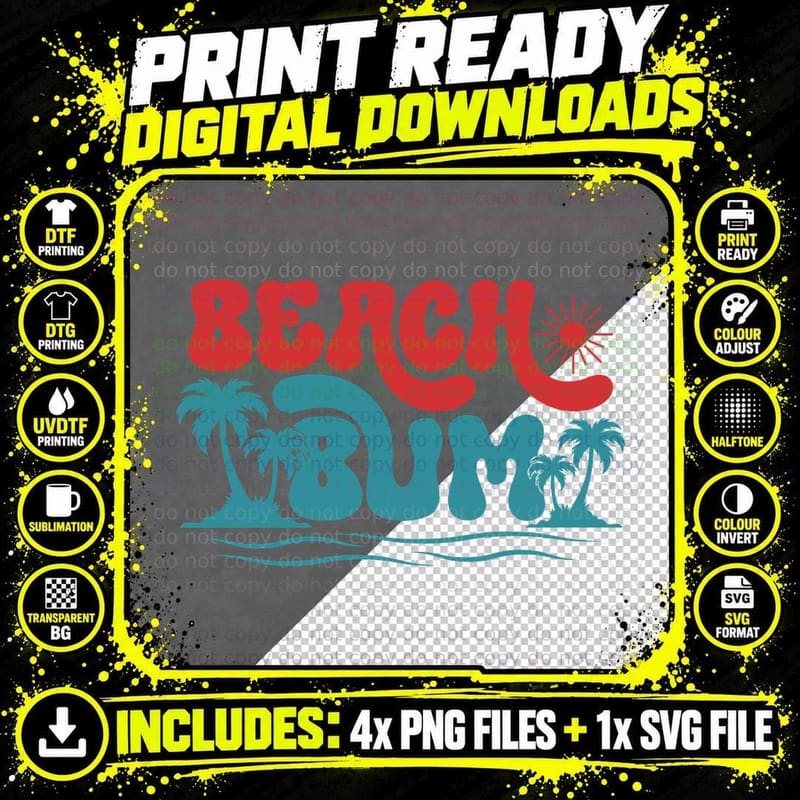 Beach Bum Summer T-Shirt, Red Teal Text Design Sunny Tee Png SVG Digital Bundle