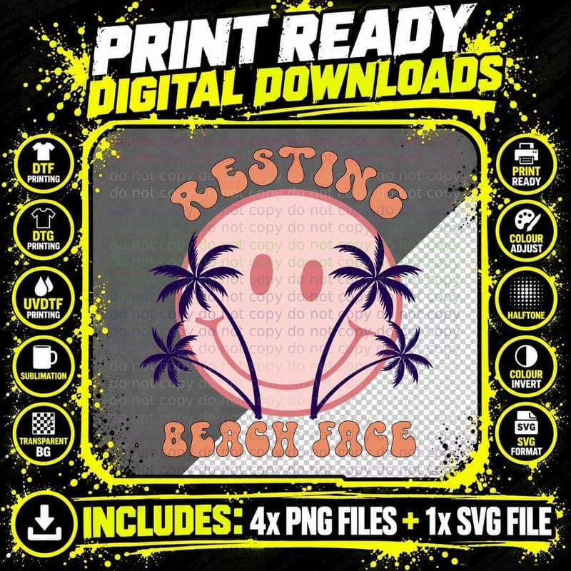 Beach Face Summer T-Shirt, Smiley Face Palm Tree Ears Png SVG Digital Bundle