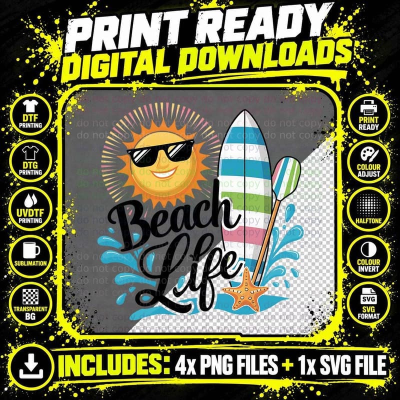Beach Life Summer T-Shirt, Beach Sun Surfboard Sunny Tee Png SVG Digital Bundle