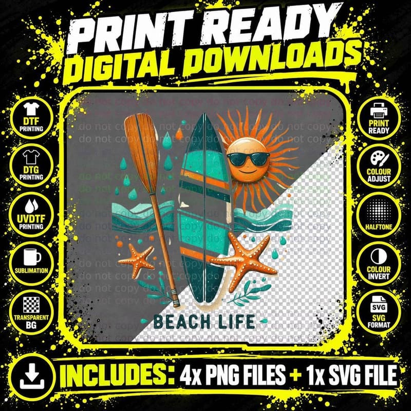 Beach Life Summer T-Shirt, Beach Surfboard Starfish Png SVG Digital Bundle