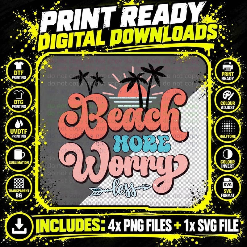 Beach More Worry Less Summer T-Shirt Png SVG Digital Bundle