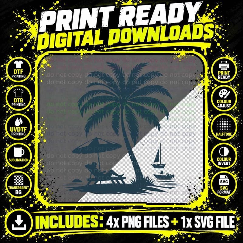 Beach Silhouette Palm Tree Scene Summer T-Shirt Png SVG Digital Bundle