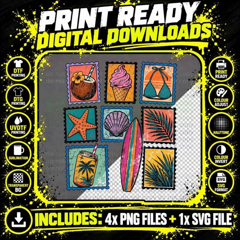 Beach Stamp Icon Grid Summer T-Shirt Png SVG Digital Bundle