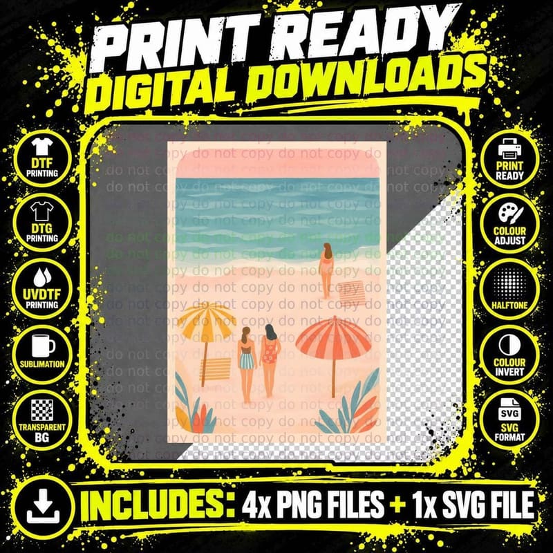 Beach Umbrella Swimmers Ocean Scene Summer T-Shirt Png SVG Digital Bundle