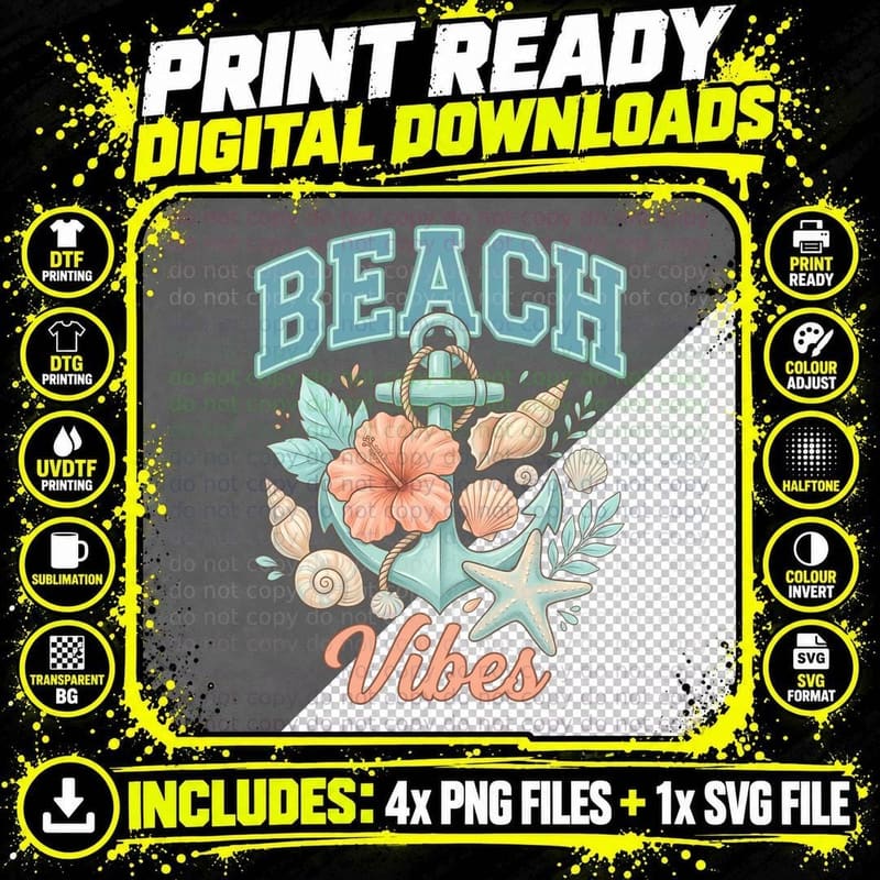 Beach Vibes Summer T-Shirt, Anchor Hibiscus Shell Png SVG Digital Bundle