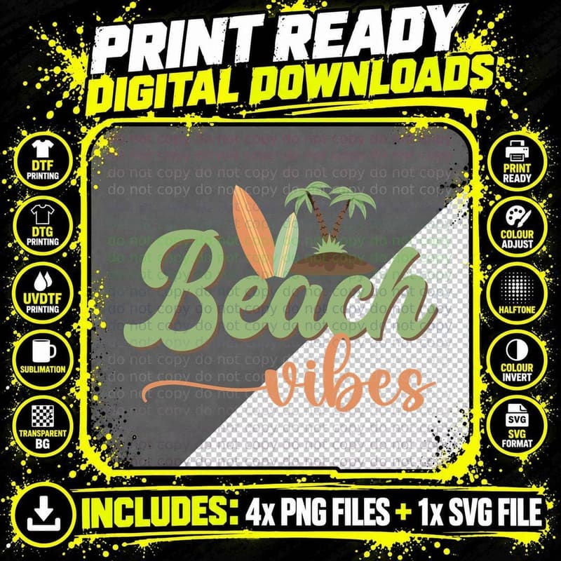 Beach Vibes Summer T-Shirt, Beach Palm Tree Surfboard Png SVG Digital Bundle