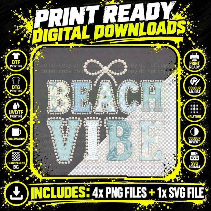 Beach Vibes Summer T-Shirt, Pearl Necklace Bow Design Png SVG Digital Bundle